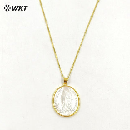 WT-JN022 Hot Sale Wholesale Religion Style Natural Shell Necklace Virgin Mary Pendant with Gold Color Plated Oval Shape Pendant