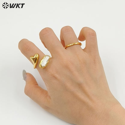 WT-MPR159 Exquisite Romantic Gold Plated Natural Freshwater Pearl Heart Shape Adjustable Size Women Rings As Birthday Gift