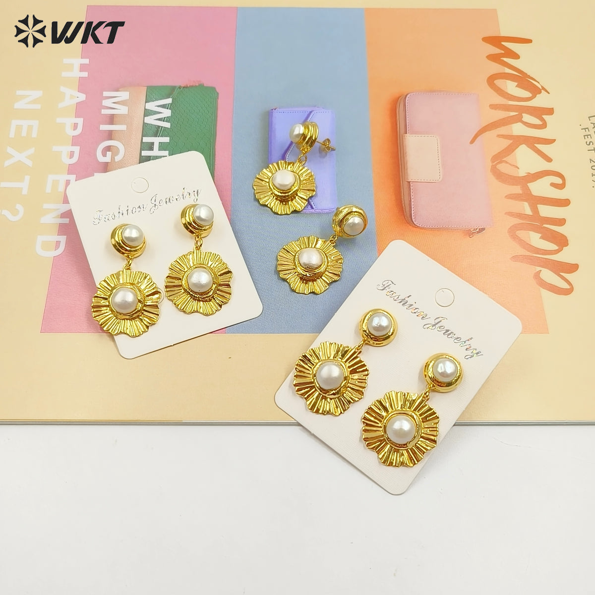 WT-MPE126 WKT New Design Elegant Women 18K Real Gold Plated Fashion Uneven Metal With Natural Pearl Dangle Earrings