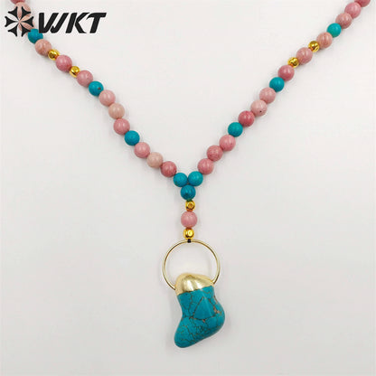 WT-N1410 Newest Fashion Handmade 30 Inch Long Sweater Chain Necklace Women Trendy Hot pink Opal Turquoise Beads Necklace