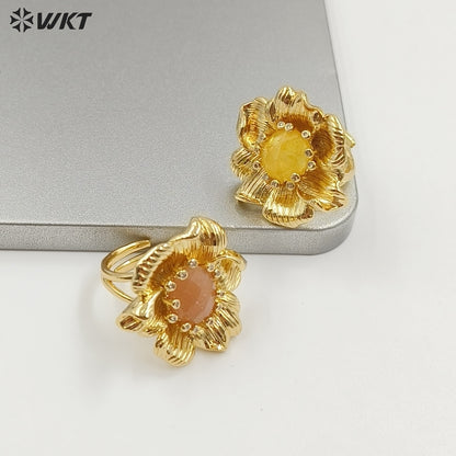 WT-R583 Exquisite Gold Electroplated Zircon And Natural Gemstones Flower Shape Rings For Female Dance Party Jewelry Matching