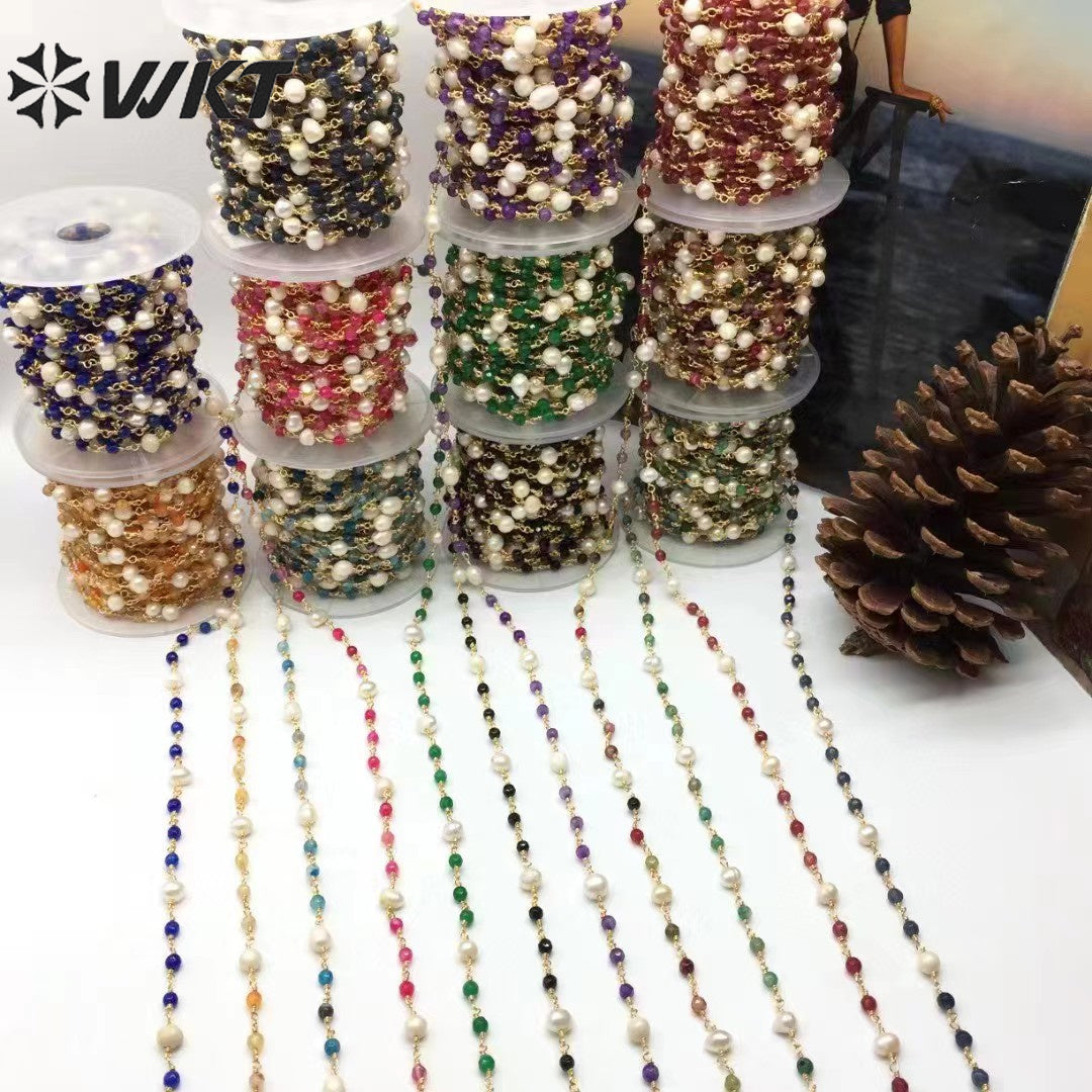 WT-RBC225 Wholesale New Arrival Exquisite Brass Chain Gold Plated Stone & Pearl Shell Shape Sell by Meter Handmade Metal Chain