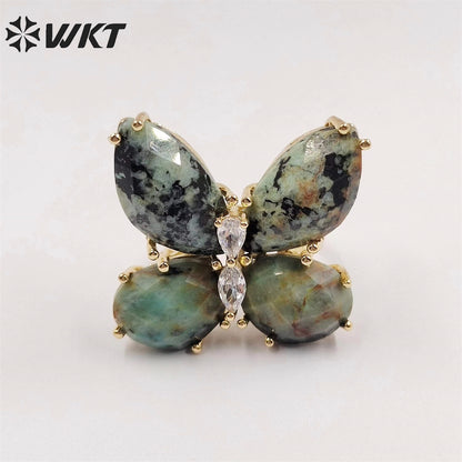 WT-R463 Wholesale Newest Handmade Design Ins Popular Stone Ring Natural Rose Quartz butterfly Ring for Girl Daily Party Ring