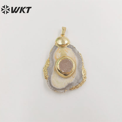 WT-P1852 Amazing Fashion Gold Trim Stalactite Stone Pendant with Druzy Quartz and Pearl Natural Stone Cut Flower Pendants