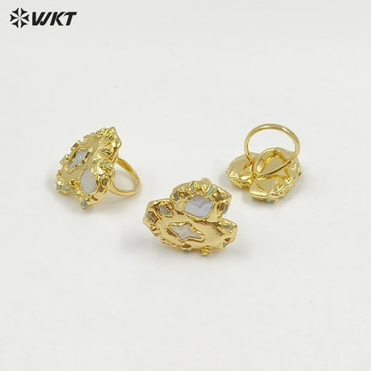 WT-MPR149 Exquisite Luxury Gold Plated Cross Square Natural Freshwater Pearls And Little Stones Women Ring For Wedding Gift