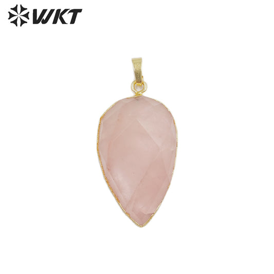 WT-P1297 WKT Wholesale pink Color Teardrop Faceted Raw Stone Charm Rose Gold Plated Rose Quartz Pendant