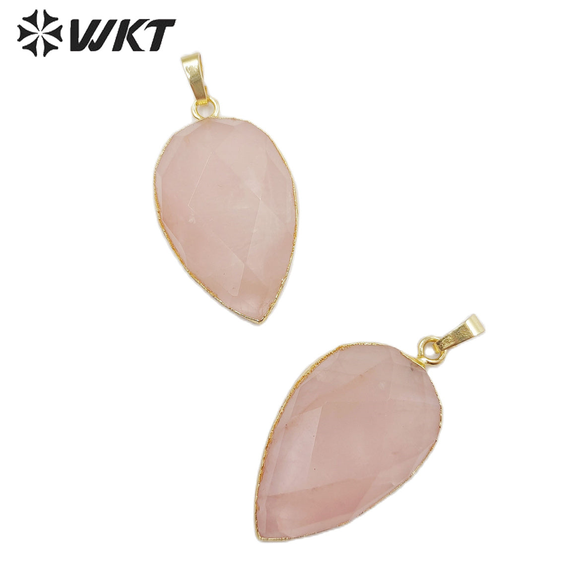 WT-P1297 WKT Wholesale pink Color Teardrop Faceted Raw Stone Charm Rose Gold Plated Rose Quartz Pendant