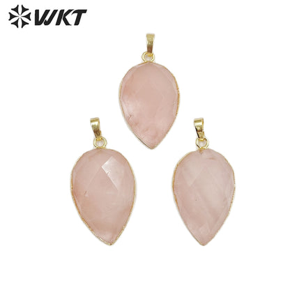 WT-P1297 WKT Wholesale pink Color Teardrop Faceted Raw Stone Charm Rose Gold Plated Rose Quartz Pendant
