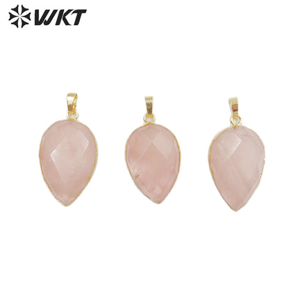 WT-P1297 WKT Wholesale pink Color Teardrop Faceted Raw Stone Charm Rose Gold Plated Rose Quartz Pendant