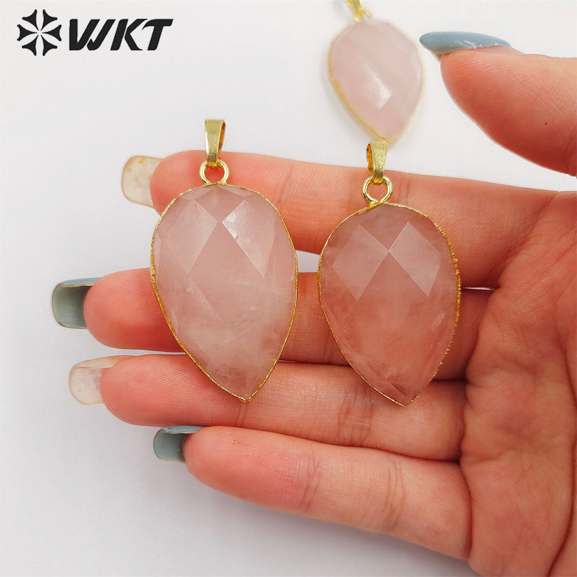 WT-P1297 WKT Wholesale pink Color Teardrop Faceted Raw Stone Charm Rose Gold Plated Rose Quartz Pendant