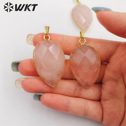 WT-P1297 WKT Wholesale pink Color Teardrop Faceted Raw Stone Charm Rose Gold Plated Rose Quartz Pendant