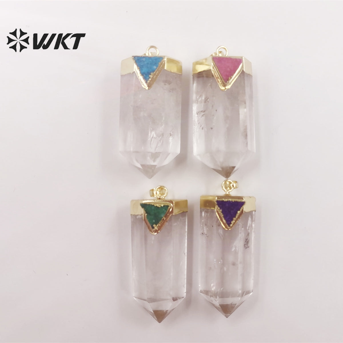 WT-P1823 Transparent with Multicolor Triangular Quartz 18k Gold Plated Pendant Natural Crystal Quartz Pendant