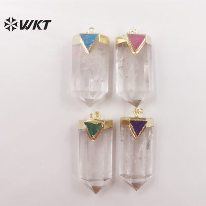 WT-P1823 Transparent with Multicolor Triangular Quartz 18k Gold Plated Pendant Natural Crystal Quartz Pendant