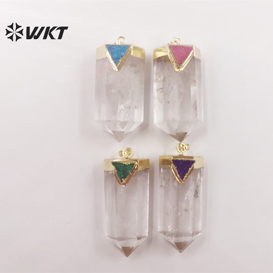 WT-P1823 Transparent with Multicolor Triangular Quartz 18k Gold Plated Pendant Natural Crystal Quartz Pendant
