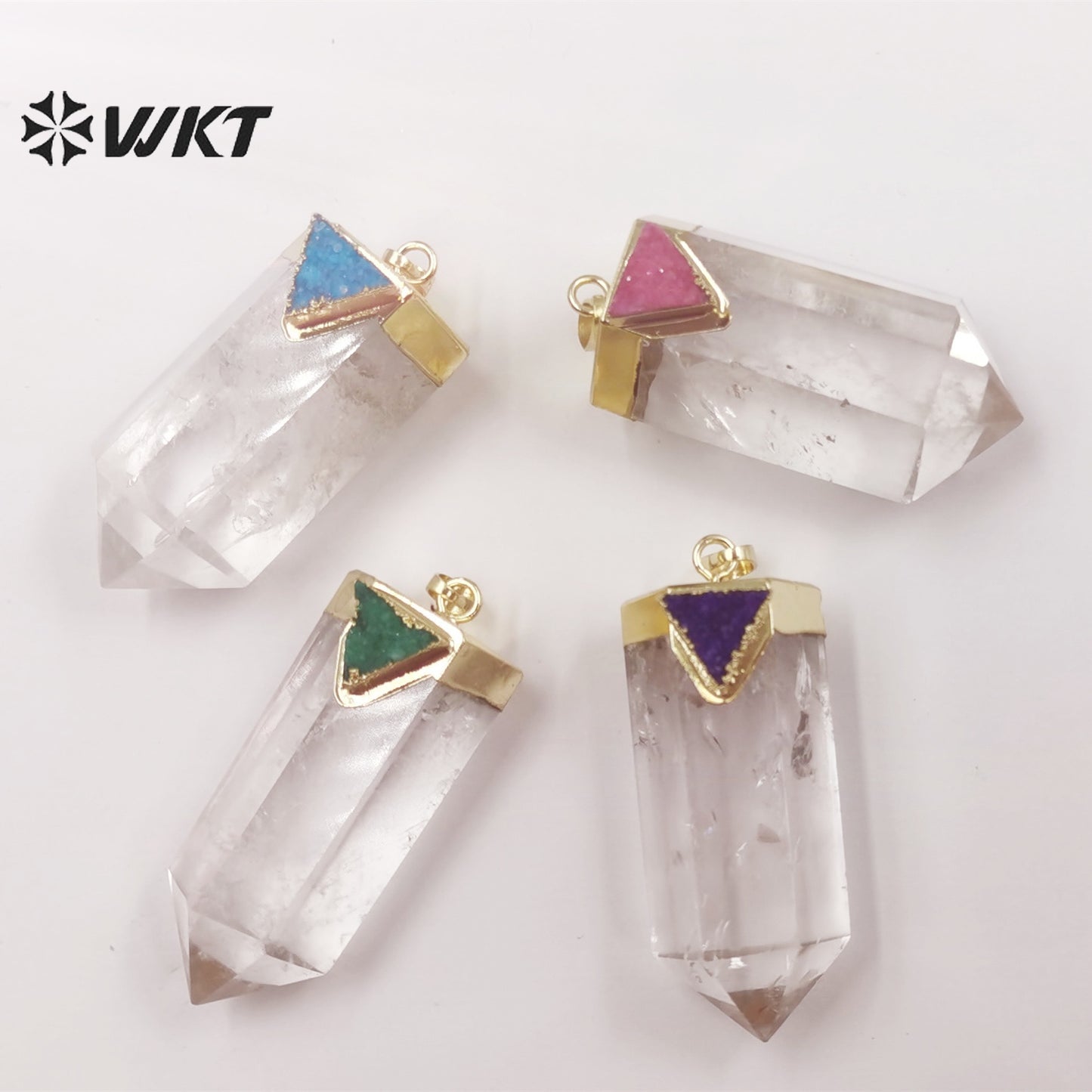 WT-P1823 Transparent with Multicolor Triangular Quartz 18k Gold Plated Pendant Natural Crystal Quartz Pendant