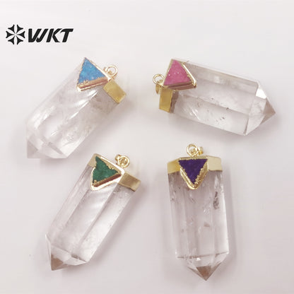 WT-P1823 Transparent with Multicolor Triangular Quartz 18k Gold Plated Pendant Natural Crystal Quartz Pendant