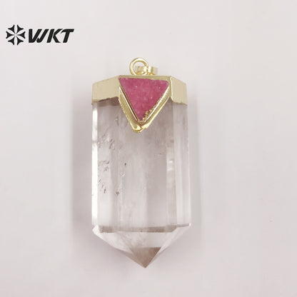 WT-P1823 Transparent with Multicolor Triangular Quartz 18k Gold Plated Pendant Natural Crystal Quartz Pendant