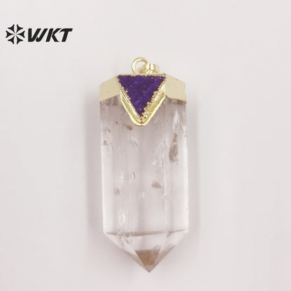 WT-P1823 Transparent with Multicolor Triangular Quartz 18k Gold Plated Pendant Natural Crystal Quartz Pendant