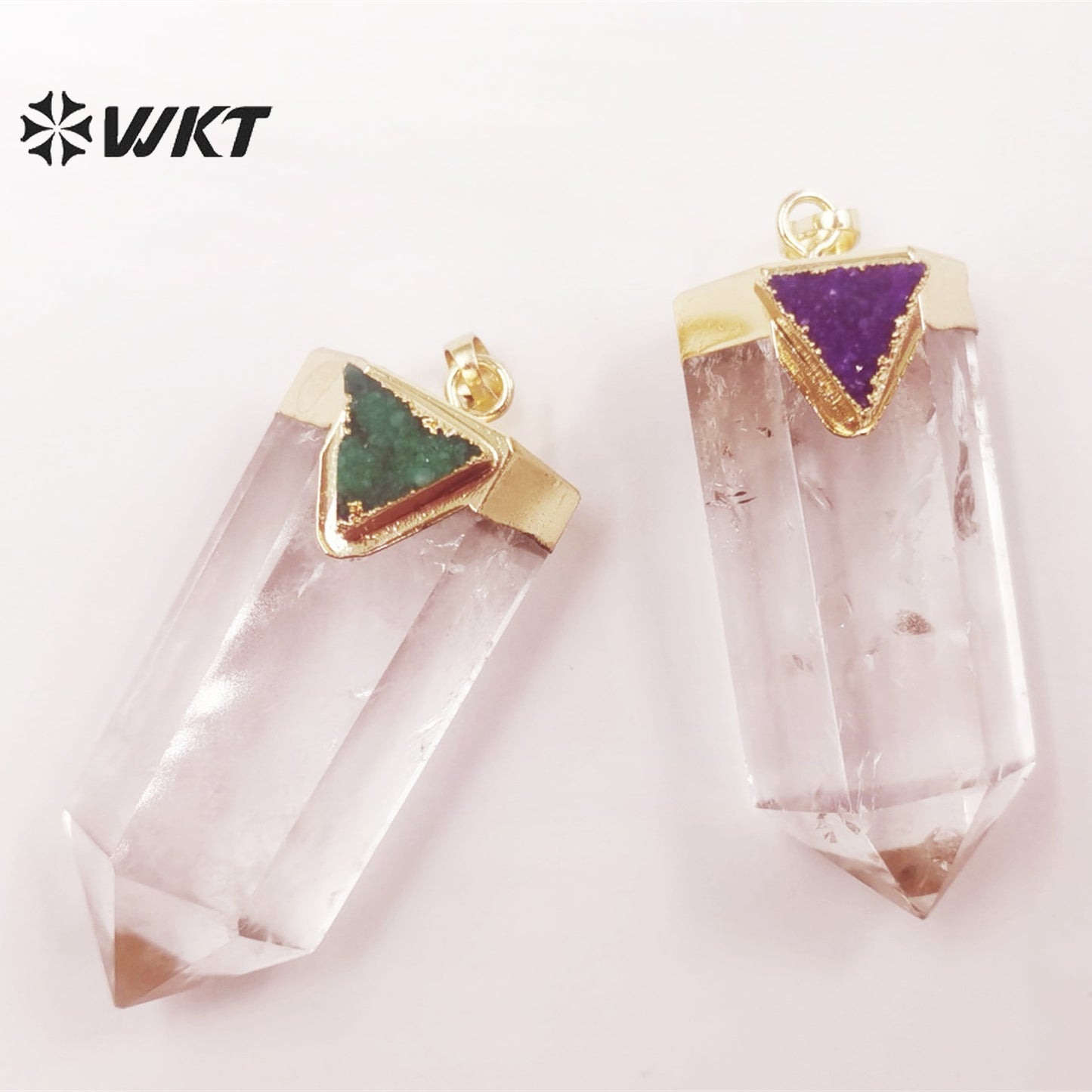 WT-P1823 Transparent with Multicolor Triangular Quartz 18k Gold Plated Pendant Natural Crystal Quartz Pendant