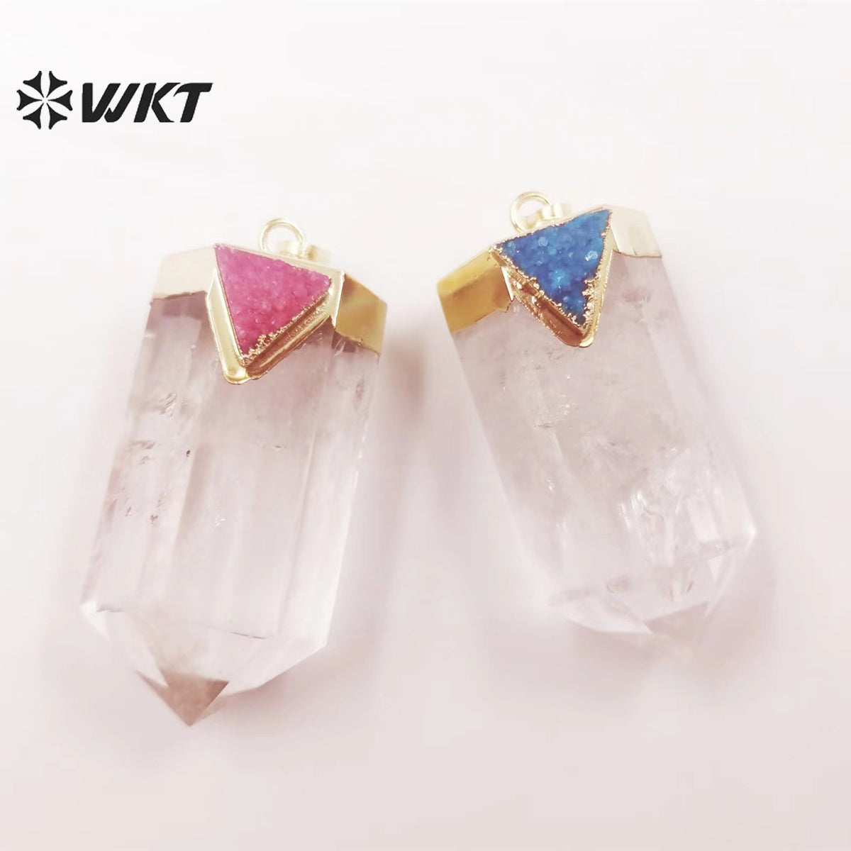 WT-P1823 Transparent with Multicolor Triangular Quartz 18k Gold Plated Pendant Natural Crystal Quartz Pendant