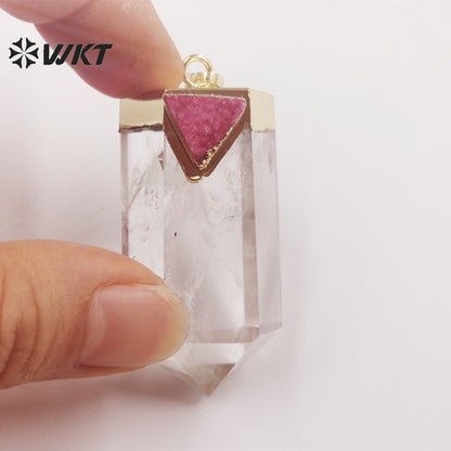 WT-P1823 Transparent with Multicolor Triangular Quartz 18k Gold Plated Pendant Natural Crystal Quartz Pendant