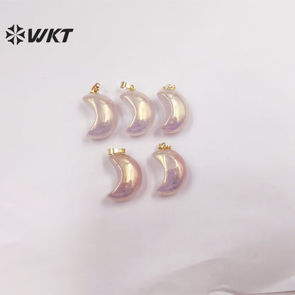 WT-P1826 WKT Newest Fashion Aura Rose Quartz Moon Stone Pendant Lady Small Size Natural pink Stone Moon Necklace Pendant