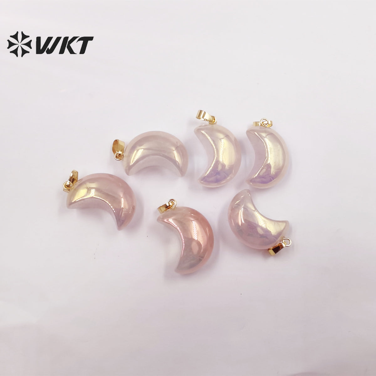 WT-P1826 WKT Newest Fashion Aura Rose Quartz Moon Stone Pendant Lady Small Size Natural pink Stone Moon Necklace Pendant