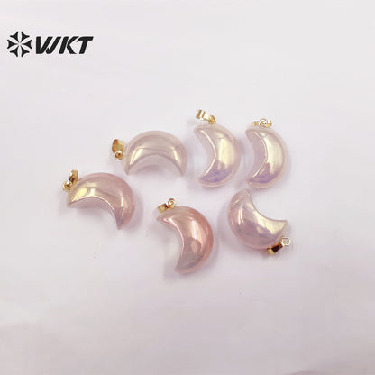 WT-P1826 WKT Newest Fashion Aura Rose Quartz Moon Stone Pendant Lady Small Size Natural pink Stone Moon Necklace Pendant