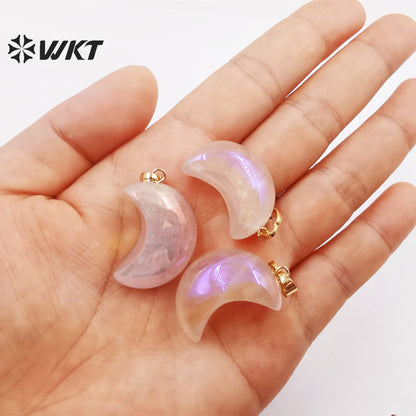 WT-P1826 WKT Newest Fashion Aura Rose Quartz Moon Stone Pendant Lady Small Size Natural pink Stone Moon Necklace Pendant