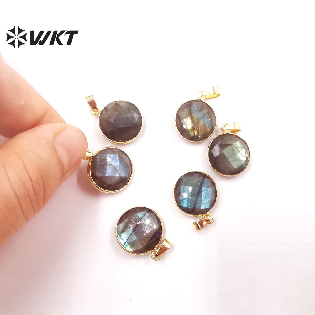 WT-P1827 WKT Newest Fashion Gold Bezel Round Natural Double Faceted Labradorite Pendant Simple 16mm Round Stone Pendant for Necklace