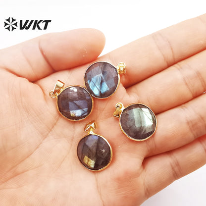 WT-P1827 WKT Newest Fashion Gold Bezel Round Natural Double Faceted Labradorite Pendant Simple 16mm Round Stone Pendant for Necklace