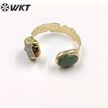 WT-B626 WKT Exclusive New Double Stone Star Quartz Bangle Gorgeous 18k Gold Electroplated Resist Tarnishable Green Chalcedony