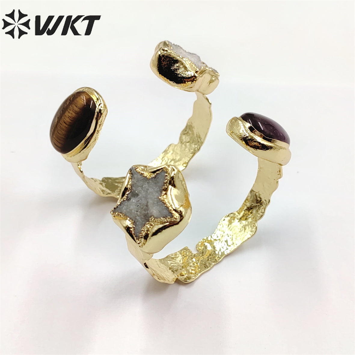 WT-B626 WKT Exclusive New Double Stone Star Quartz Bangle Gorgeous 18k Gold Electroplated Resist Tarnishable Green Chalcedony