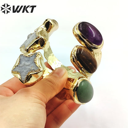 WT-B626 WKT Exclusive New Double Stone Star Quartz Bangle Gorgeous 18k Gold Electroplated Resist Tarnishable Green Chalcedony