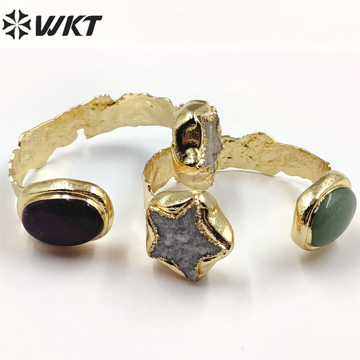 WT-B626 WKT Exclusive New Double Stone Star Quartz Bangle Gorgeous 18k Gold Electroplated Resist Tarnishable Green Chalcedony