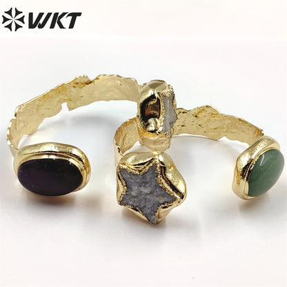 WT-B626 WKT Exclusive New Double Stone Star Quartz Bangle Gorgeous 18k Gold Electroplated Resist Tarnishable Green Chalcedony