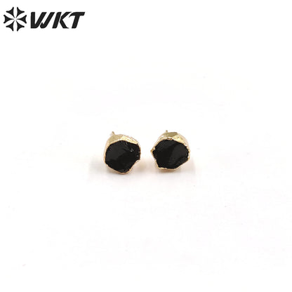 WT-E703 WKT New Design Randomly Round Natural Black Obsidian Stone Studs in 18k Real Gold Plated Raw Amethyst Stone Studs