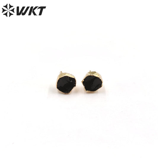 WT-E703 WKT New Design Randomly Round Natural Black Obsidian Stone Studs in 18k Real Gold Plated Raw Amethyst Stone Studs