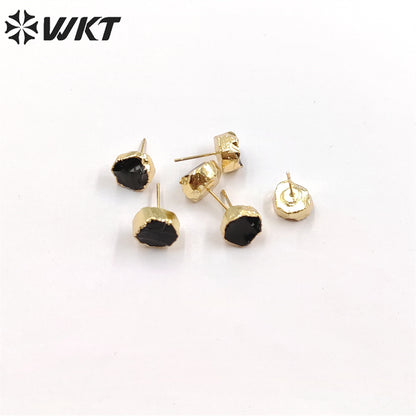 WT-E703 WKT New Design Randomly Round Natural Black Obsidian Stone Studs in 18k Real Gold Plated Raw Amethyst Stone Studs