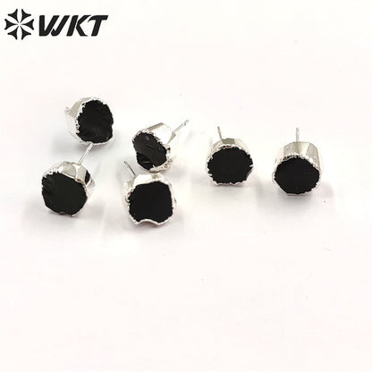 WT-E703 WKT New Design Randomly Round Natural Black Obsidian Stone Studs in 18k Real Gold Plated Raw Amethyst Stone Studs