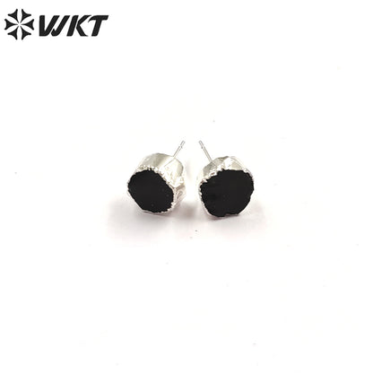 WT-E703 WKT New Design Randomly Round Natural Black Obsidian Stone Studs in 18k Real Gold Plated Raw Amethyst Stone Studs