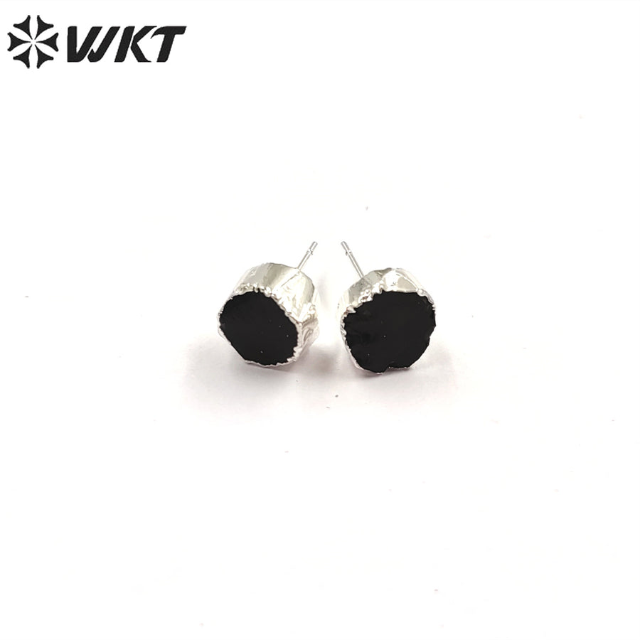 WT-E703 WKT New Design Randomly Round Natural Black Obsidian Stone Studs in 18k Real Gold Plated Raw Amethyst Stone Studs