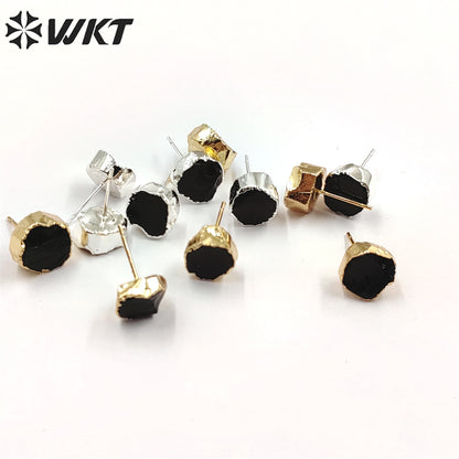 WT-E703 WKT New Design Randomly Round Natural Black Obsidian Stone Studs in 18k Real Gold Plated Raw Amethyst Stone Studs