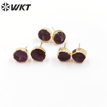 WT-E703 WKT New Design Randomly Round Natural Black Obsidian Stone Studs in 18k Real Gold Plated Raw Amethyst Stone Studs