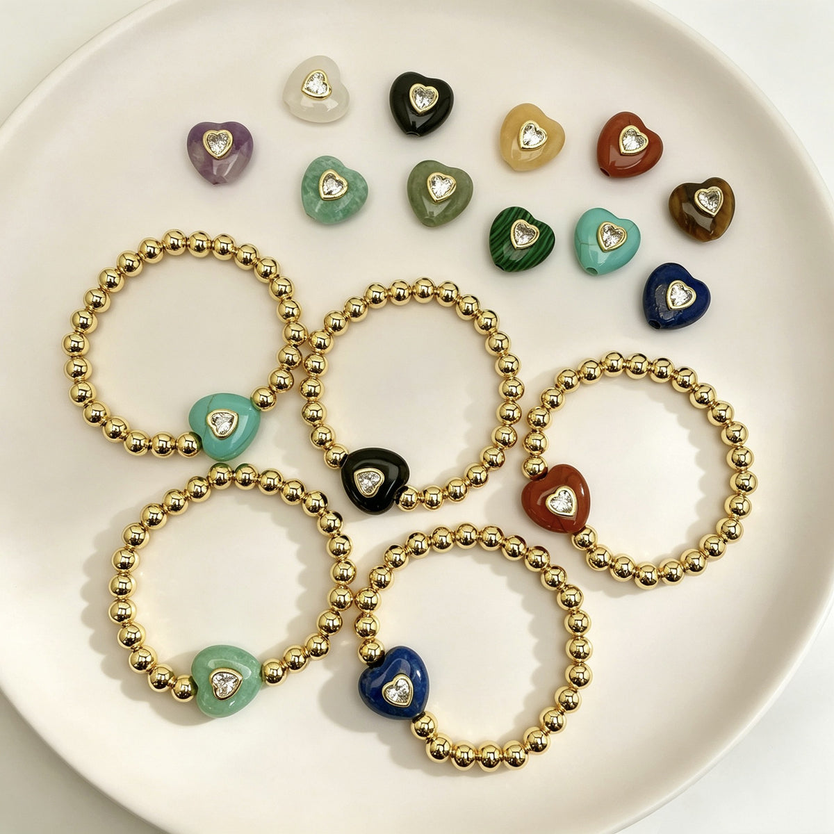 WT-B719 Newest Fashion Design Gold Brass Beads With Natural Gemstone Zircon Heart Shape Pendant Bracelets As Women Party Jewelry