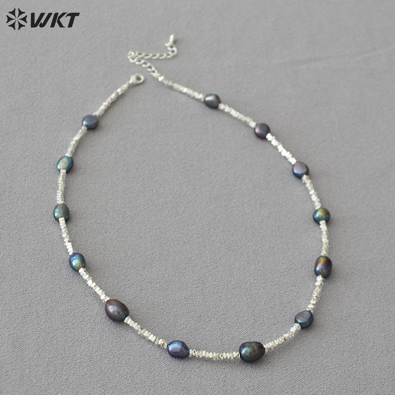 WT-JN260 Amazing Gorgeous Factory Sale Silver Black Tahiti Freshwater Pearl Beads Necklace for Friend Birthday Gift