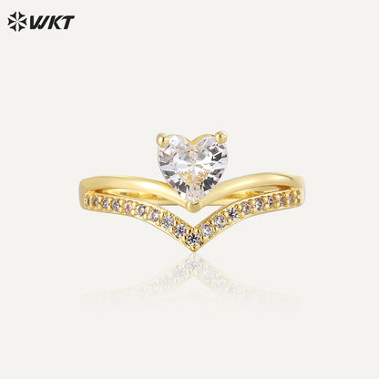 WT-MR036 Unique Special Crown Shape With Heart-Shaped Transparent Shiny Zircon Paved Fine Ring for Women Party Jewelry