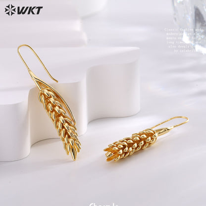WT-E745 Wholesale Fashion 18K Real Gold Plated Brass Metal Wheat Hoop Earrings Women Long Dangle Gift for Friend