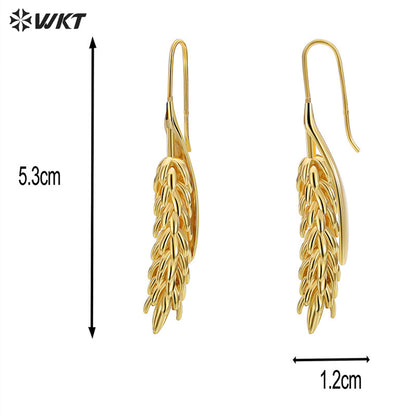 WT-E745 Wholesale Fashion 18K Real Gold Plated Brass Metal Wheat Hoop Earrings Women Long Dangle Gift for Friend