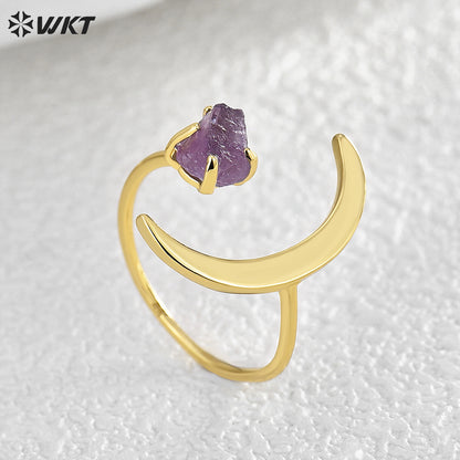 WT-R494 Women Fashion Unique 18K Real Gold Plated Crescent Horn Moon Raw Amethyst Stone Ring in Office Style